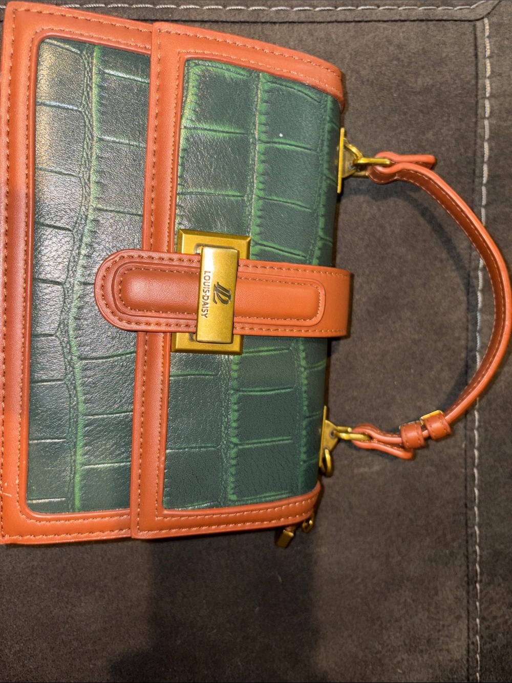 Green Croc-Embossed Satchel with Tan Trim